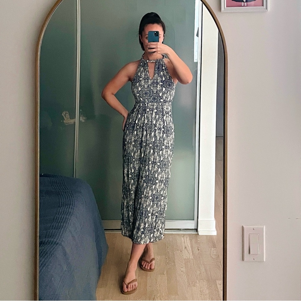 Elegant Blue Patterned Halter Dress (S)